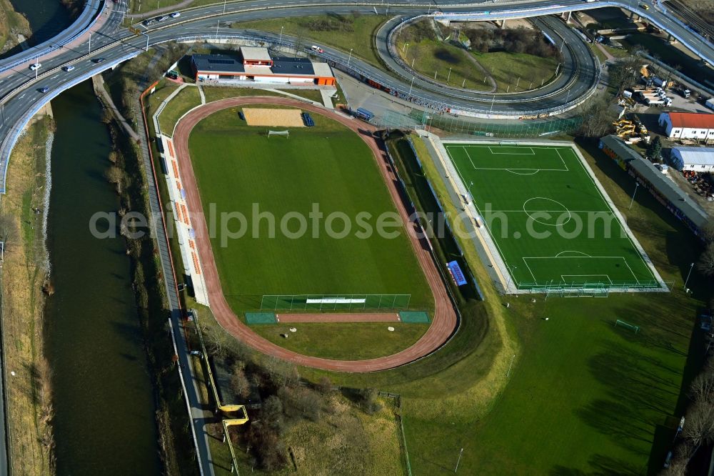 Aerial image Gera - Football stadium Stadion on Steg in Gera in the state Thuringia, Germany