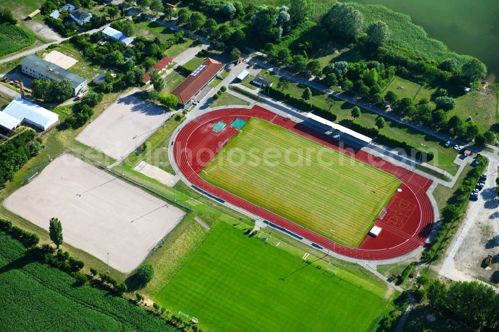 Prenzlau from the bird's eye view: Football stadium Stadion on Uckersee on Uckerpromenade in Prenzlau in the state Brandenburg, Germany