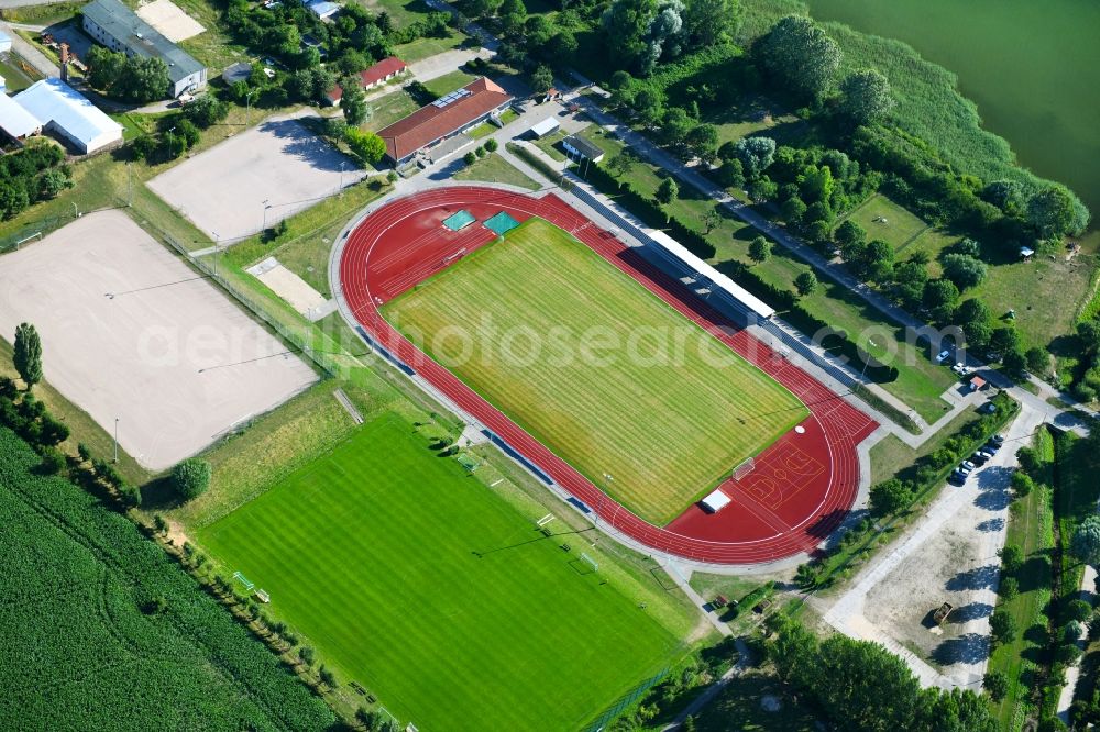 Aerial image Prenzlau - Football stadium Stadion on Uckersee on Uckerpromenade in Prenzlau in the state Brandenburg, Germany