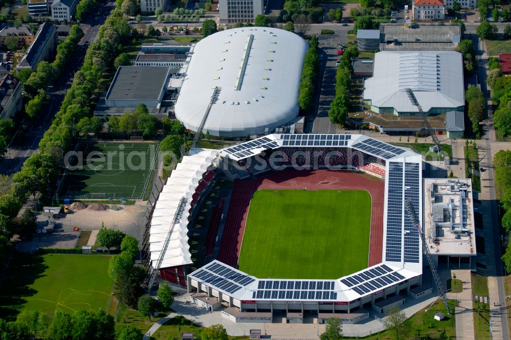 Erfurt from above - Football stadium Steigerwaldstadion in the district Loebervorstadt in Erfurt in the state Thuringia, Germany