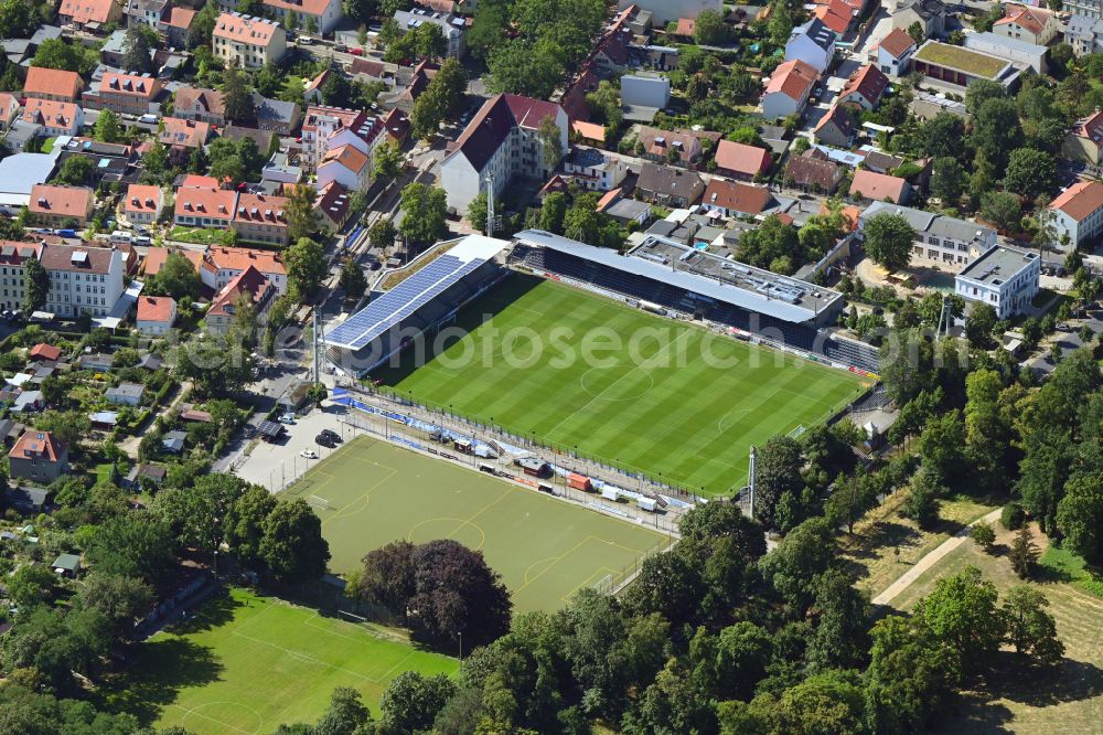 Potsdam from the bird's eye view: Football stadium of the football club Babelsberg 03 on Karl-Liebknecht-Strasse in the district Babelsberg in Potsdam in the state Brandenburg, Germany