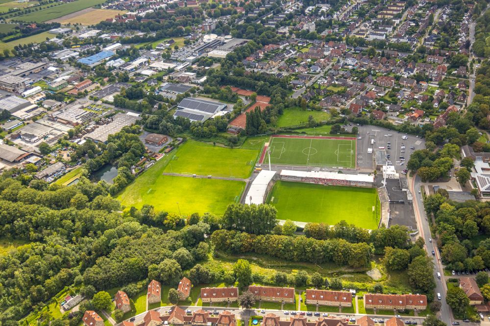 Aerial image Ahlen - Football stadium of the football club ROT WEISS AHLEN e.V. on August-Kirchner-Strasse in Ahlen in the state North Rhine-Westphalia, Germany