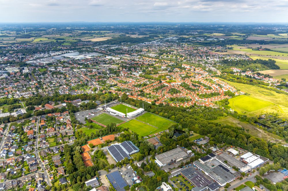 Ahlen from above - Football stadium of the football club ROT WEISS AHLEN e.V. on August-Kirchner-Strasse in Ahlen in the state North Rhine-Westphalia, Germany