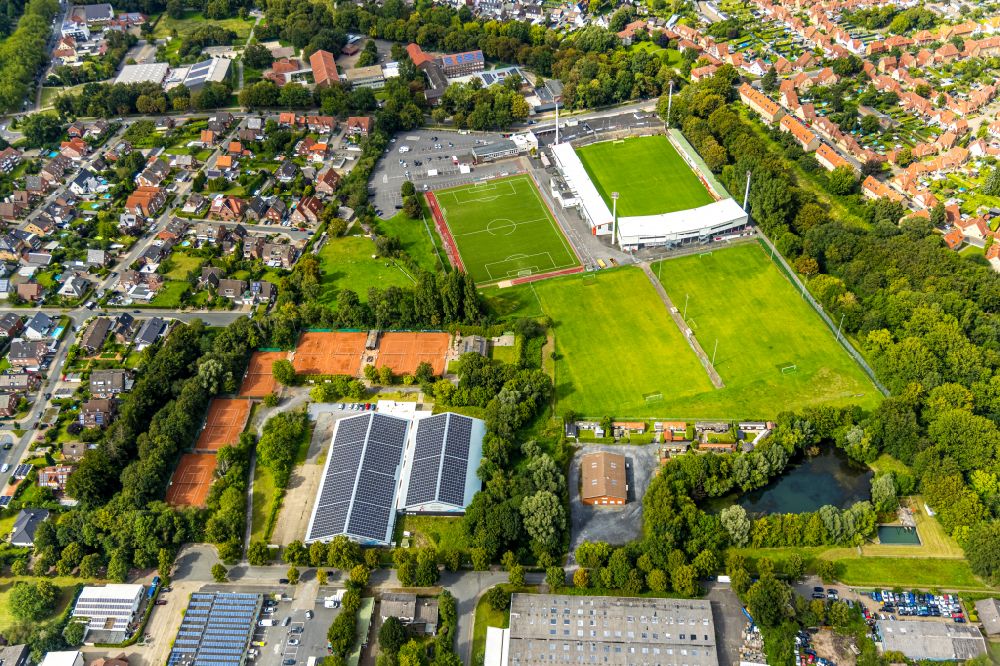 Aerial image Ahlen - Football stadium of the football club ROT WEISS AHLEN e.V. on August-Kirchner-Strasse in Ahlen in the state North Rhine-Westphalia, Germany