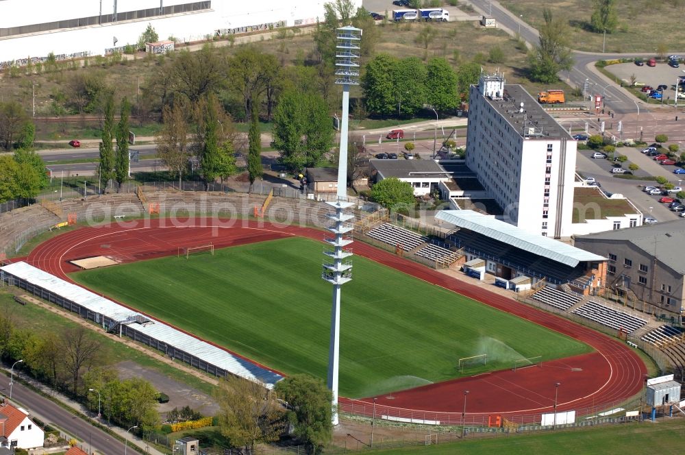 Aerial photograph Brandenburg an der Havel - Football stadium of the football club FC Stahl Brandenburg e.V. in Brandenburg an der Havel in the state Brandenburg, Germany