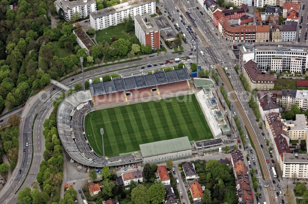 Aerial image München - Football stadium of the football club TSV 1860 on Gruenwalder Strasse in Munich in the state Bavaria