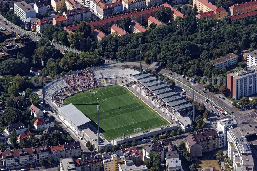 München from above - Football stadium of the club TSV 1860 on Gruenwalder Strasse in the district Untergiesing-Harlaching in Munich in the state Bavaria