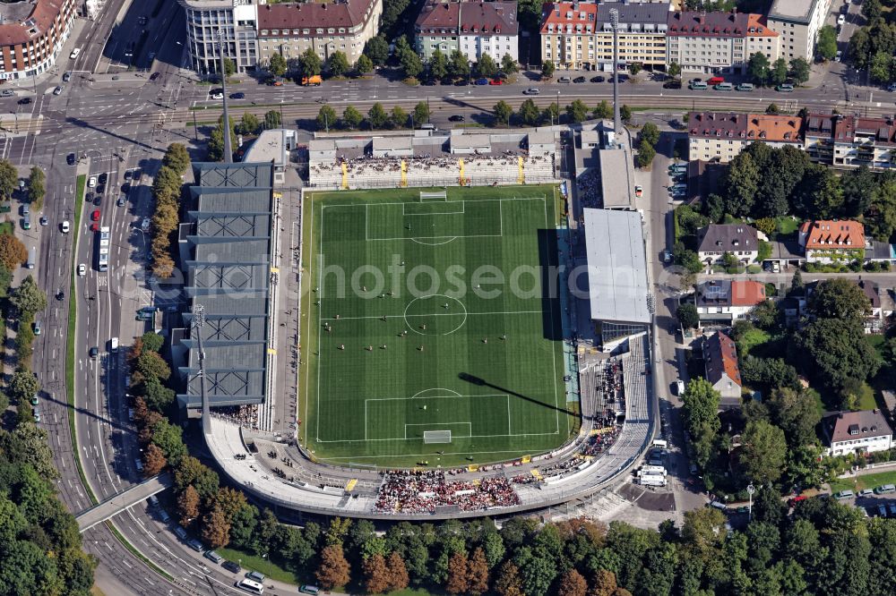 München from above - Football stadium of the club TSV 1860 on Gruenwalder Strasse in the district Untergiesing-Harlaching in Munich in the state Bavaria