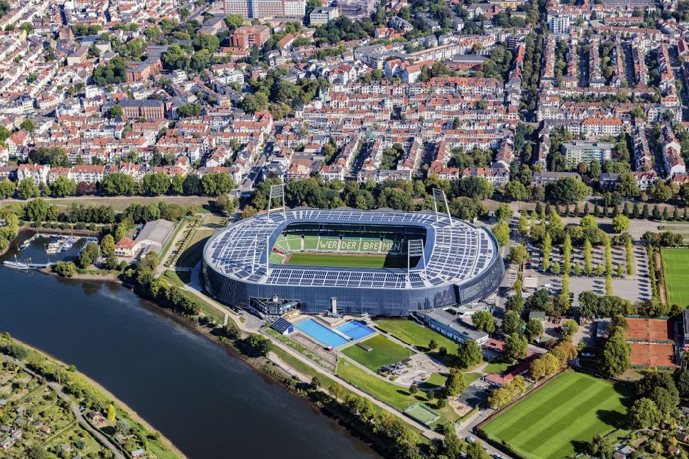 Aerial image Bremen - Football stadium of the football club Werder Bremen on Franz-Boehmert-Strasse in the district Peterswerder in Bremen, Germany