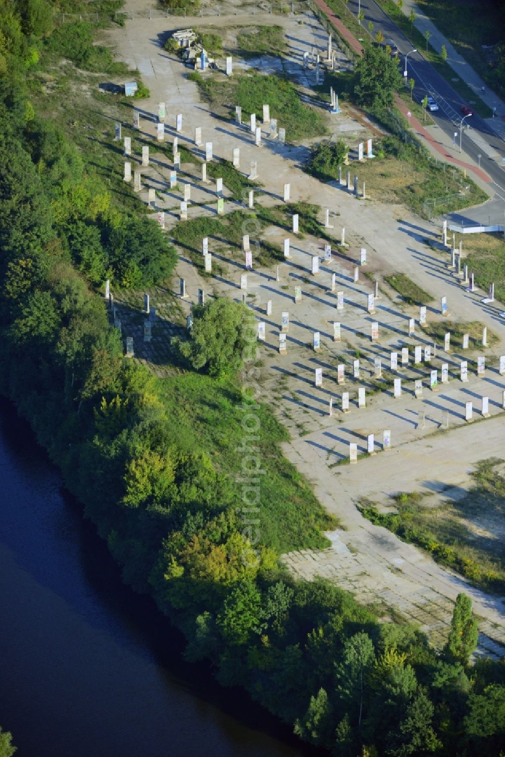 Teltow from above - Gallery of Concrete - segments of the Berlin Wall on business premises in Teltow, Brandenburg