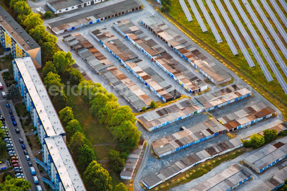 Blankenburg (Harz) from the bird's eye view: Garages - grounds for automobiles on Karl-Zerbst-Strasse in Blankenburg (Harz) in the state Saxony-Anhalt, Germany