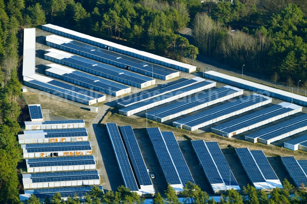 Hoyerswerda from the bird's eye view: Garages - grounds with solar roofs in Hoyerswerda in the state of Saxony, Germany