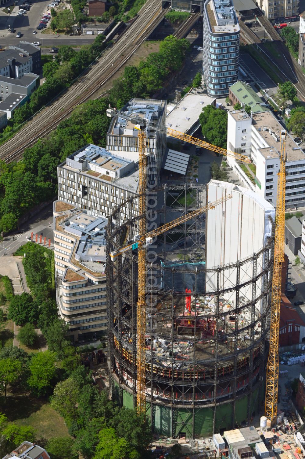 Berlin from above - Gasometer high storage tank during conversion and renovation in the district Schoeneberg in Berlin, Germany