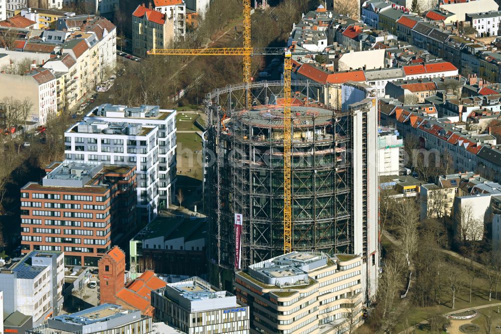 Berlin from above - Gasometer high storage tank during conversion and renovation in the district Schoeneberg in Berlin, Germany