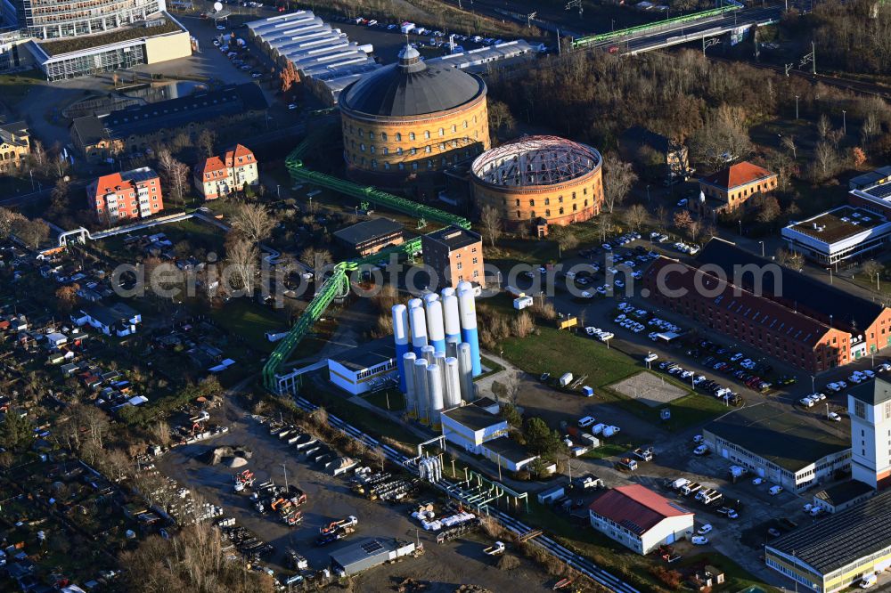 Aerial image Leipzig - Gasometer high storage tank at the municipal utility depot on Arno-Nitzsche-Strasse in the district of Connewitz in Leipzig in the state Saxony, Germany