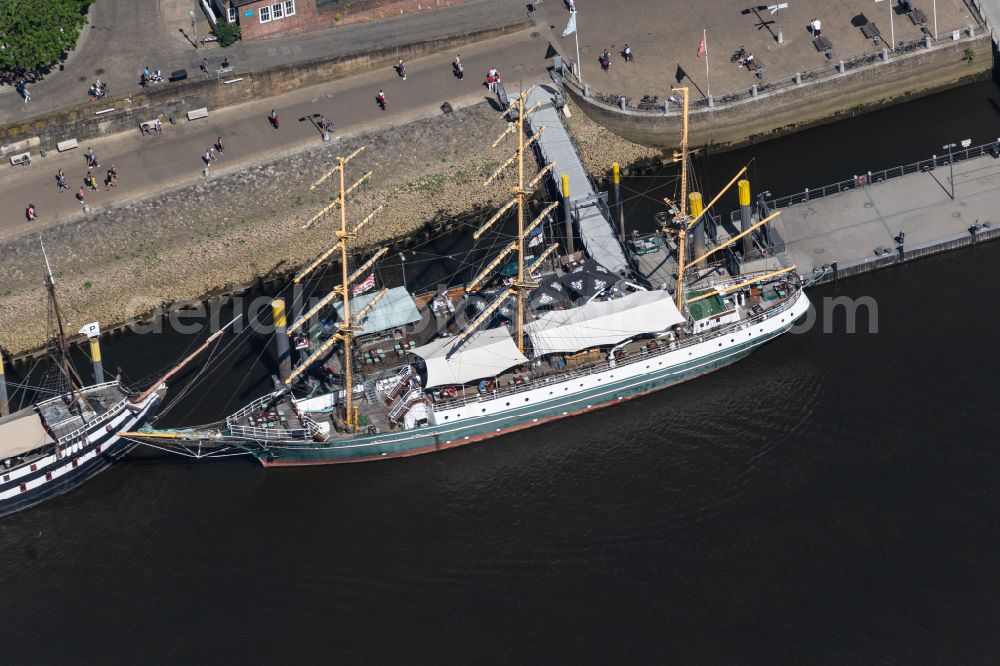 Bremen from above - Restaurant ship Pannekoekschip Admiral Nelson on street Schlachte in Bremen in Germany. The historic sailing ship is located at the Schlachte dock in front of the historic town centre on street Schlachte of Bremen