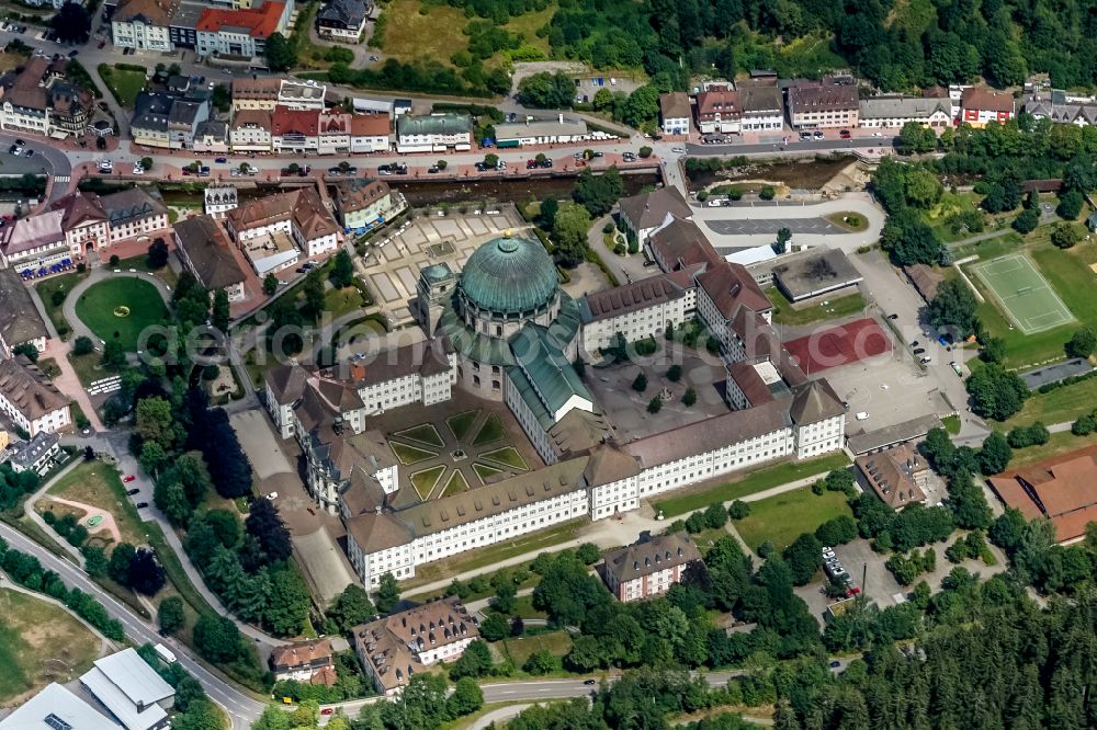 Sankt Blasien from above - Complex of buildings of the monastery Kolleg in Sankt Blasien in the Black Forest in the state Baden-Wuerttemberg, Germany