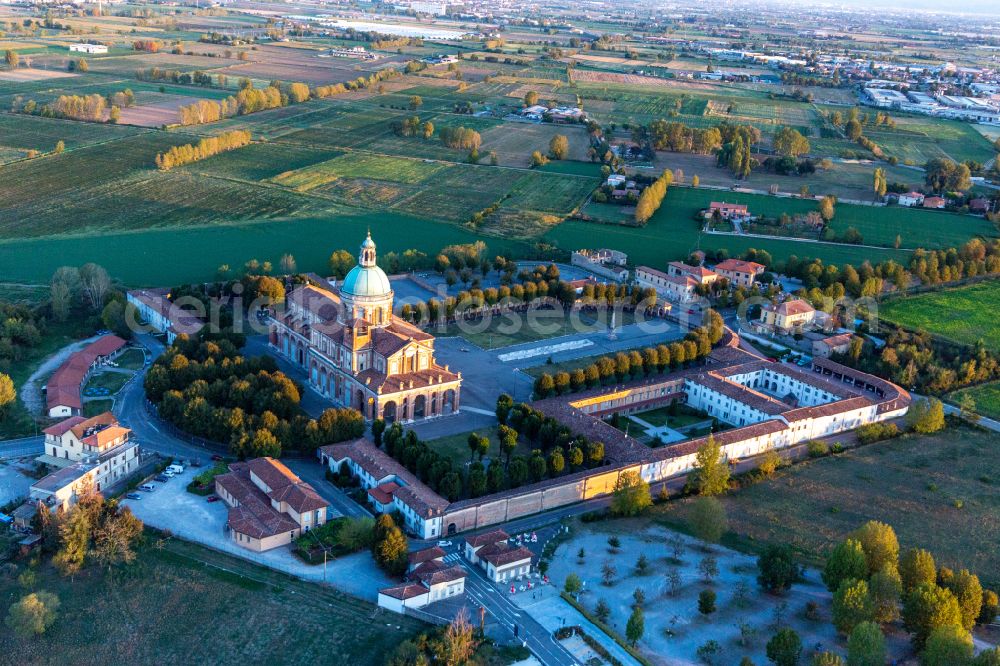 Aerial image Santuario di Caravaggio - Complex of buildings of the monastery Santuario di Caravaggio in Caravaggio in the Lombardy, Italy
