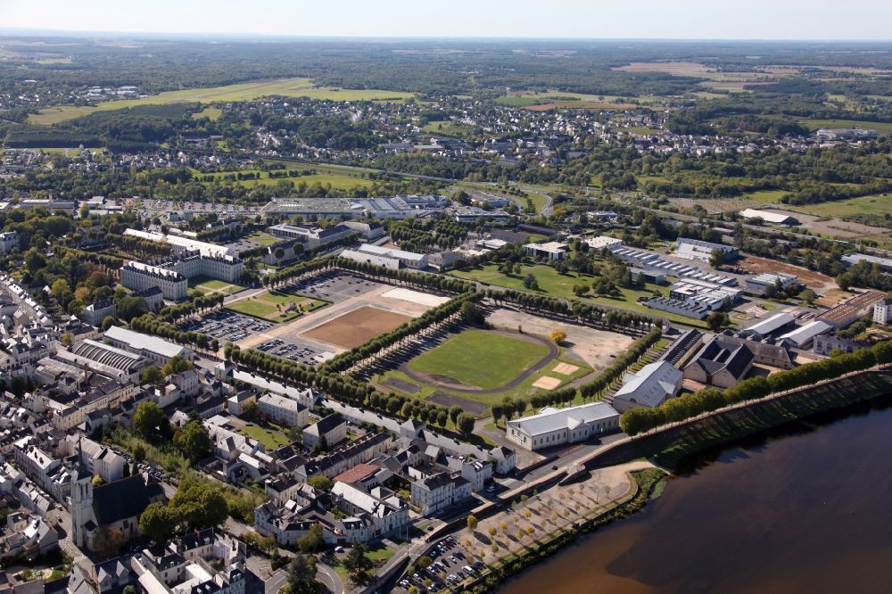 Saumur from the bird's eye view: Building complex of the military barracks cavalry School in Saumur in Pays de la Loire, France