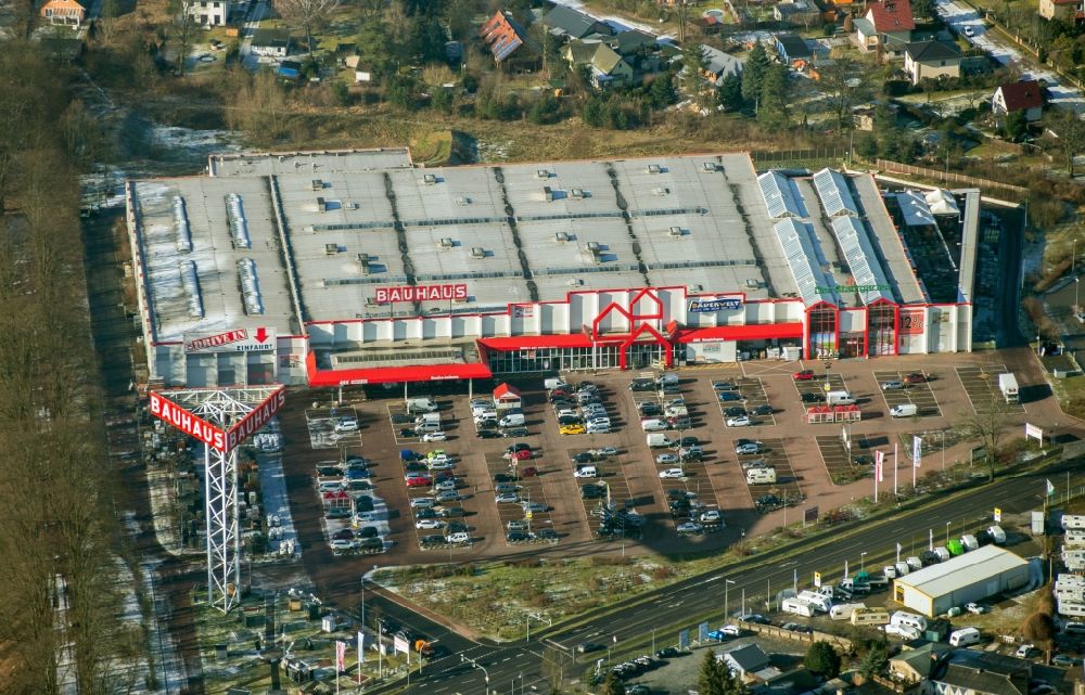 Aerial image Birkenwerder - Building of the construction market Bauhaus in Birkenwerder in the state Brandenburg, Germany