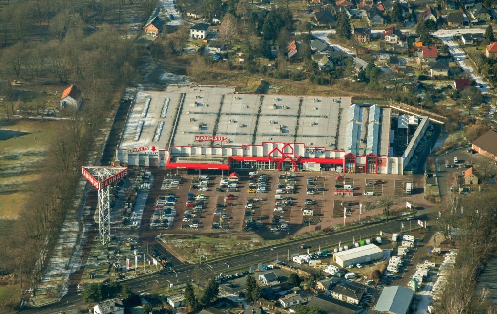 Aerial photograph Birkenwerder - Building of the construction market Bauhaus in Birkenwerder in the state Brandenburg, Germany
