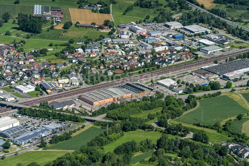 Aerial image Sinzheim - Building of the construction market OBI Markt Sinzheim in Sinzheim in the state Baden-Wuerttemberg, Germany