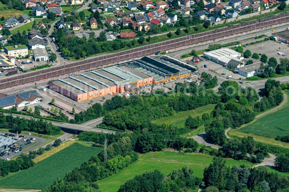 Aerial photograph Sinzheim - Building of the construction market OBI Markt Sinzheim in Sinzheim in the state Baden-Wuerttemberg, Germany