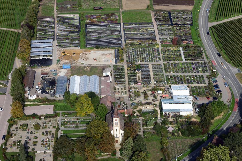 Sulzburg from the bird's eye view: Buildings, beds and plants at the grounds of the perennial nursery Graefin von Zeppelin in the district Laufen in Sulzburg in the state Baden-Wurttemberg, Germany