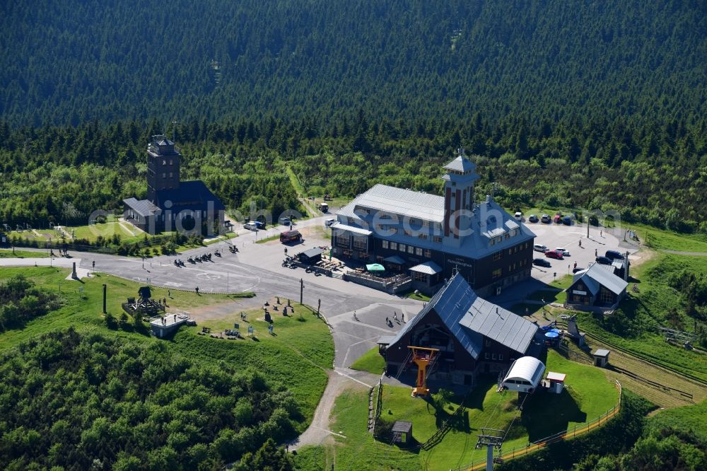 Oberwiesenthal from above - Building the visitor center on Mountain peak Fichtelberg in Oberwiesenthal in the state Saxony, Germany