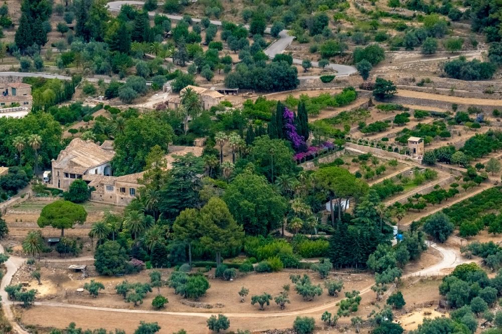 Aerial image Bunyola - Building the visitor center of Gaerten von Alfabia Jardins d'Alfabia on Carretera Palma-SA?ller along the Ma-11 in Bunyola in Balearic island of Mallorca, Spain