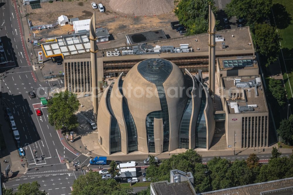 Köln from the bird's eye view: Mosque of the DITIB central mosque on Fuchsstrasse in the district Ehrenfeld in Cologne in the state North Rhine-Westphalia, Germany