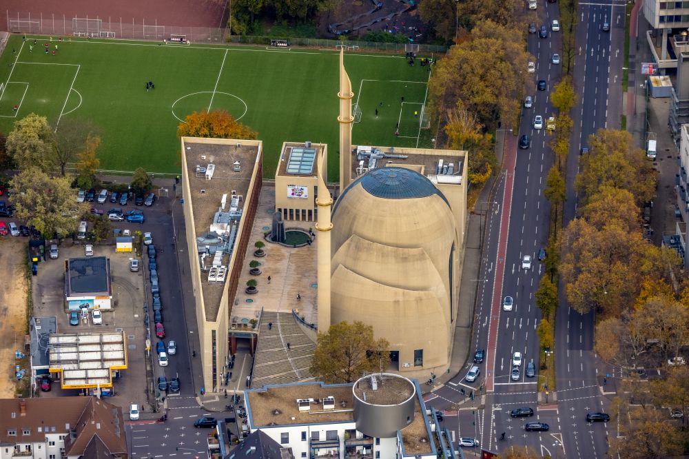 Köln from above - Mosque of the DITIB central mosque on Fuchsstrasse in the district Ehrenfeld in Cologne in the state North Rhine-Westphalia, Germany