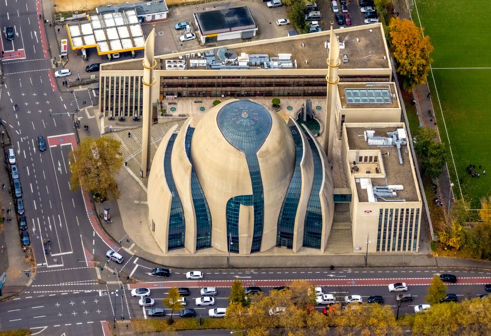 Köln from above - Mosque of the DITIB central mosque on Fuchsstrasse in the district Ehrenfeld in Cologne in the state North Rhine-Westphalia, Germany