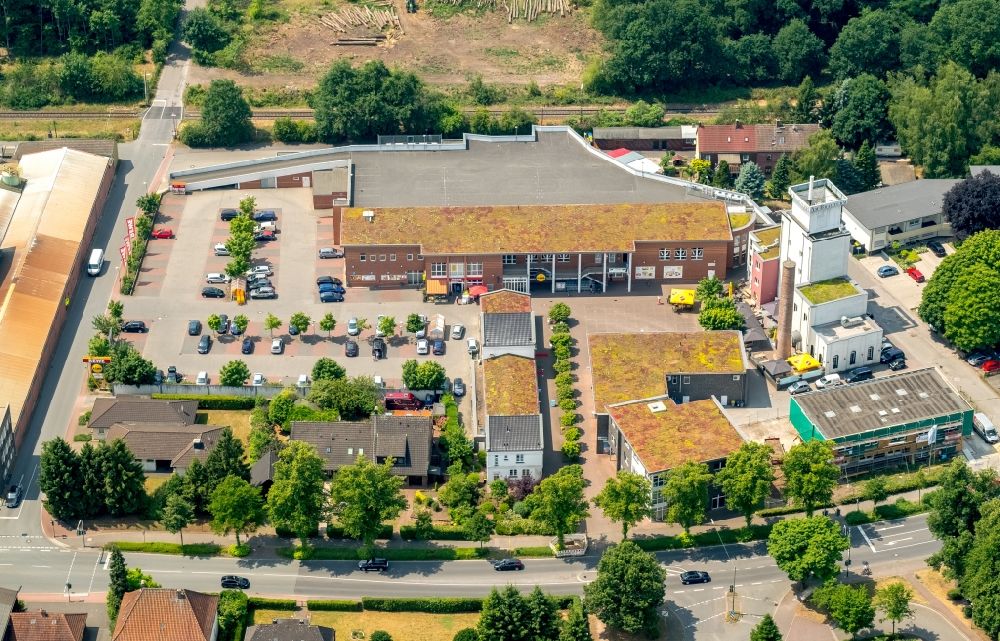 Aerial image Dorsten - Building the shopping center Lidl and REWE Markt Schulten on the grounds of the former Rose Brewery in Dorsten - Wulfen in North Rhine-Westphalia