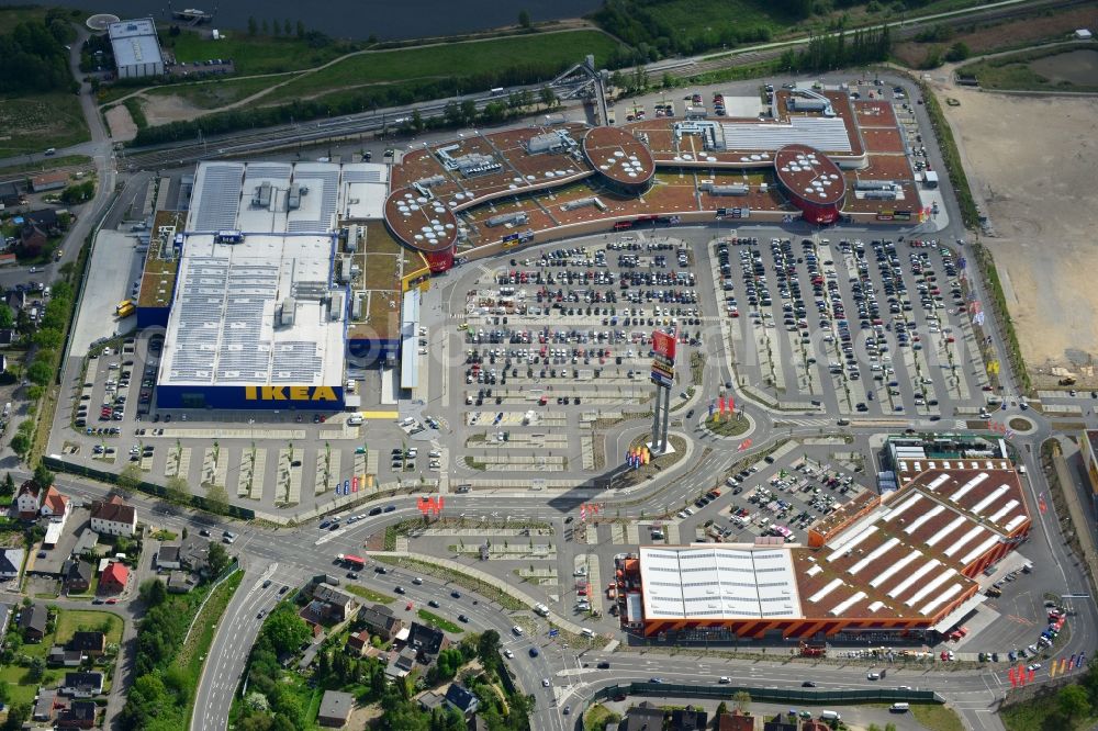 Dänischburg, Lübeck from above - Building the shopping center IKEA - furniture store in Daenischburg, Luebeck in the state Schleswig-Holstein
