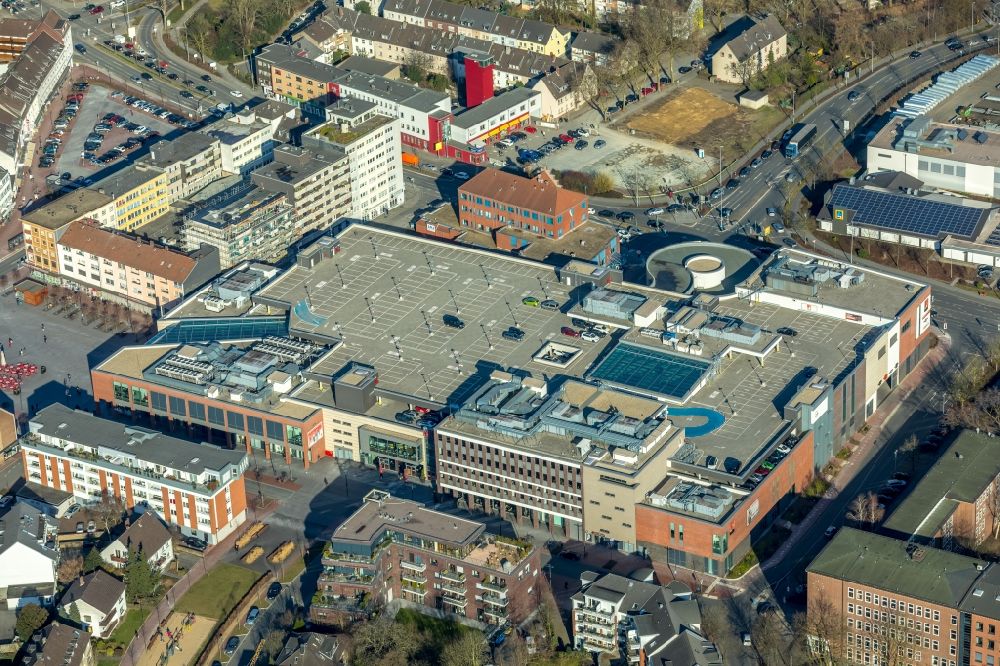 Dinslaken from above - Building of the shopping center Neutor Galerie on Saarstrasse in Dinslaken in the state North Rhine-Westphalia