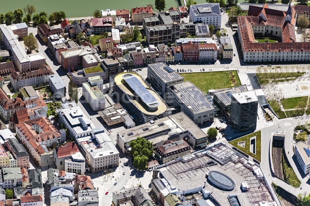 Aerial image Passau - Building of the shopping center Stadtgalerie Passau on Bahnhofstrasse in Passau in the state Bavaria, Germany