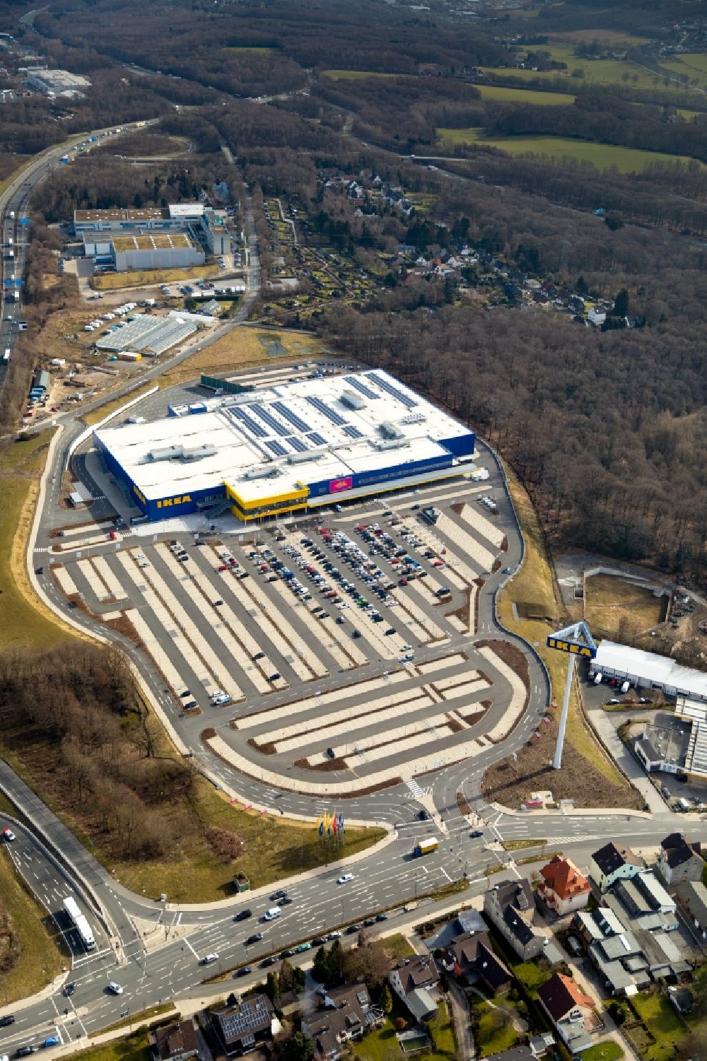 Aerial image Wuppertal - Building of the store - furniture market IKEA Moebel & Einrichtungshaus Wuppertal on Schmiedestrasse in the district Oberbarmen in Wuppertal in the state North Rhine-Westphalia, Germany