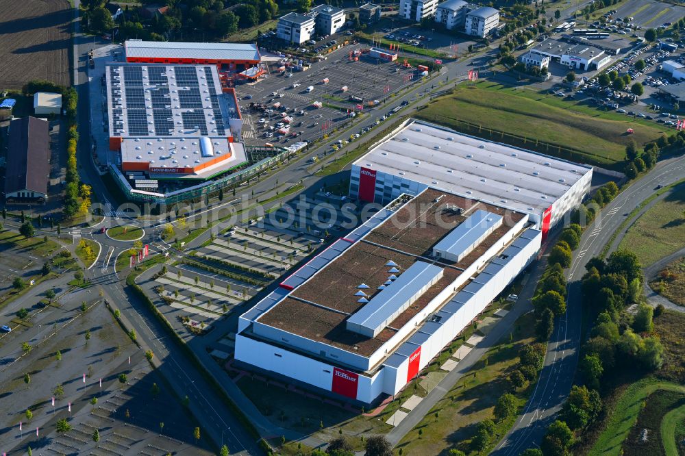 Paderborn from above - Building of the store - furniture market Moebel Hoeffner in Paderborn in the state North Rhine-Westphalia, Germany