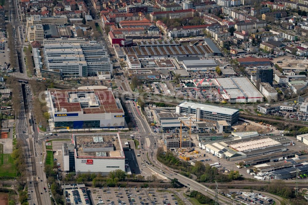 Aerial photograph Karlsruhe - Building of the store - furniture market sowie weitere Handelsunternehmen and Baumaerkte in Karlsruhe in the state Baden-Wuerttemberg, Germany