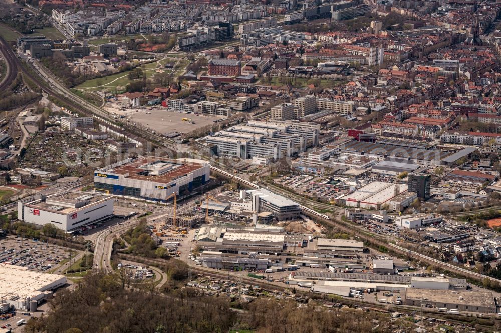 Aerial photograph Karlsruhe - Building of the store - furniture market sowie weitere Handelsunternehmen and Baumaerkte in Karlsruhe in the state Baden-Wuerttemberg, Germany
