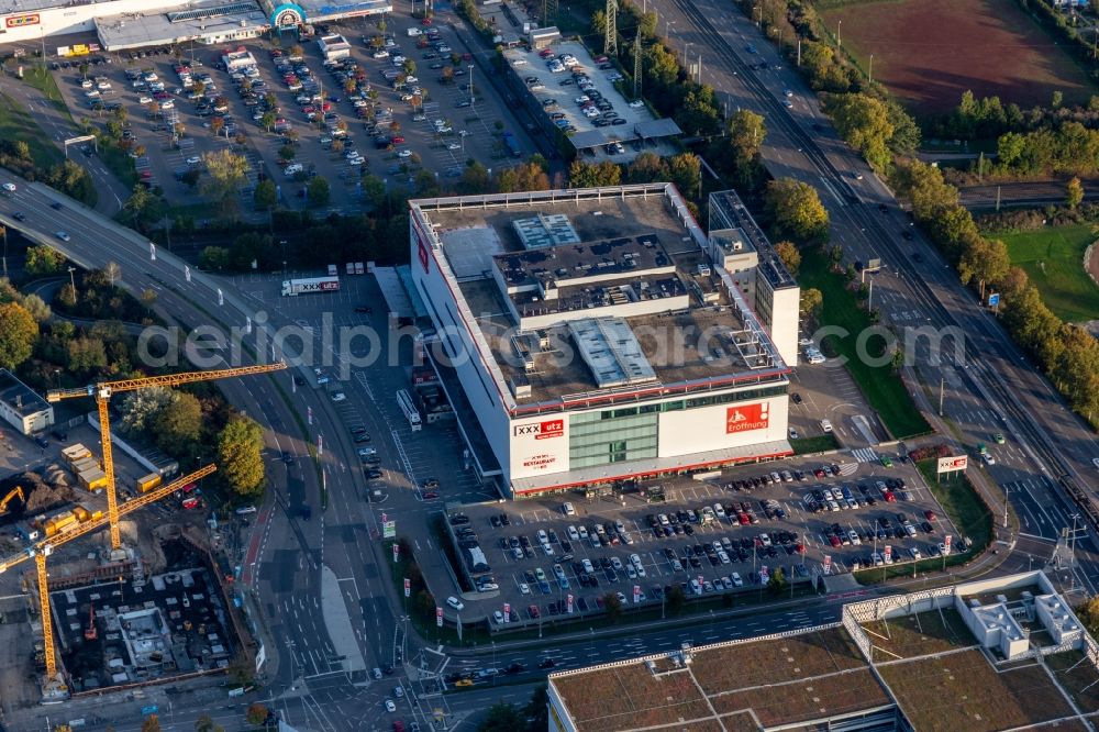 Karlsruhe from above - Building of the store - furniture market XXL Lutz, MANN Management GmbH in the district Rintheim in Karlsruhe in the state Baden-Wuerttemberg, Germany
