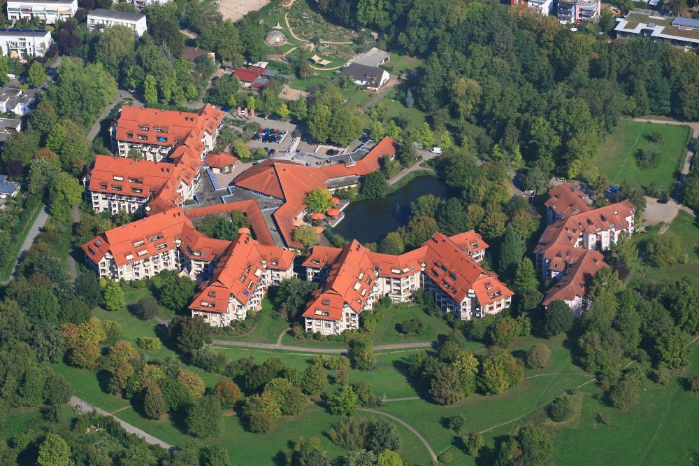 Aerial photograph Freiburg im Breisgau - Building of the retirement center Augustinum Seniorenresidenz in Freiburg im Breisgau in the state Baden-Wurttemberg, Germany