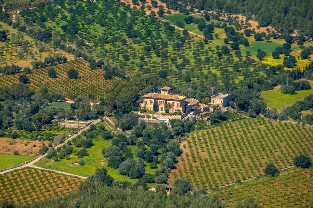 Son Maxella from the bird's eye view: Buildings and grounds of the finca Son Togores in Son Maxella in Balearic island of Mallorca, Spain