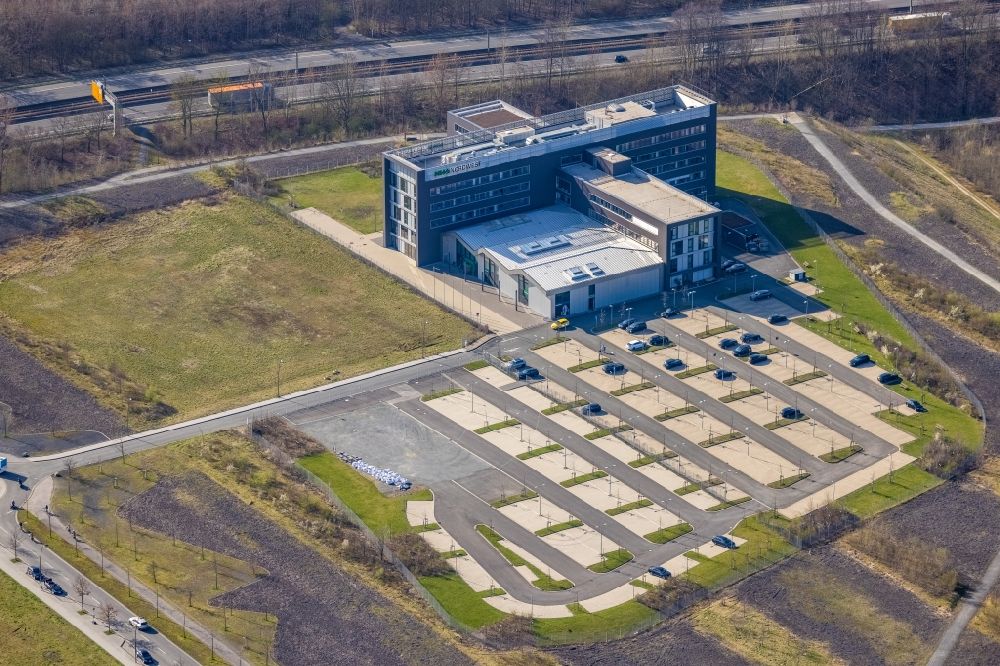 Dortmund from above - Building of the wholesale centers NORDWEST Handel AG and BMW Niederlassung Dortmund on Robert-Schuman-Strasse in the district Phoenix-West in Dortmund at Ruhrgebiet in the state North Rhine-Westphalia, Germany