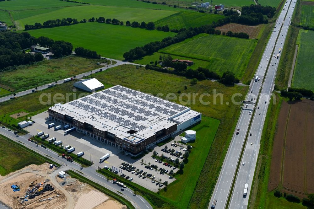 Neumünster from above - Building of the wholesale center of Henry Kruse GmbH & Co. KG on Neuenbrook in Neumuenster in the state Schleswig-Holstein, Germany