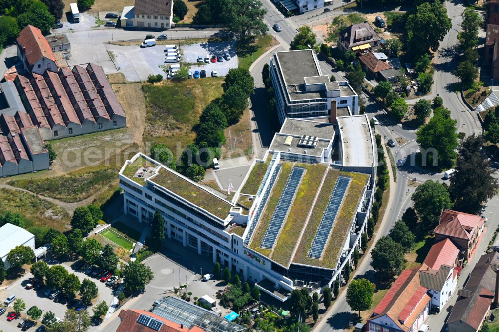 Nagold from above - Building of the wholesale center Haefele SE & Co KG on street Adolf-Haefele-Strasse in the district Emmingen in Nagold in the state Baden-Wuerttemberg, Germany