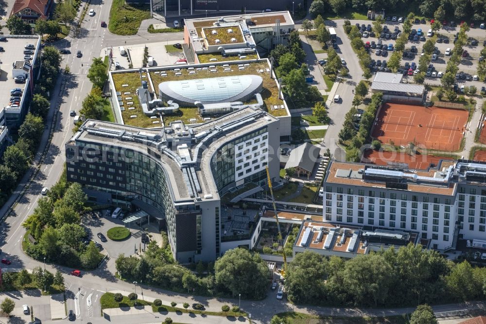Unterschleißheim from above - Complex of the hotel building INFINITY Hotel & Conference Resort Munich in Lohhof in the state Bavaria, Germany
