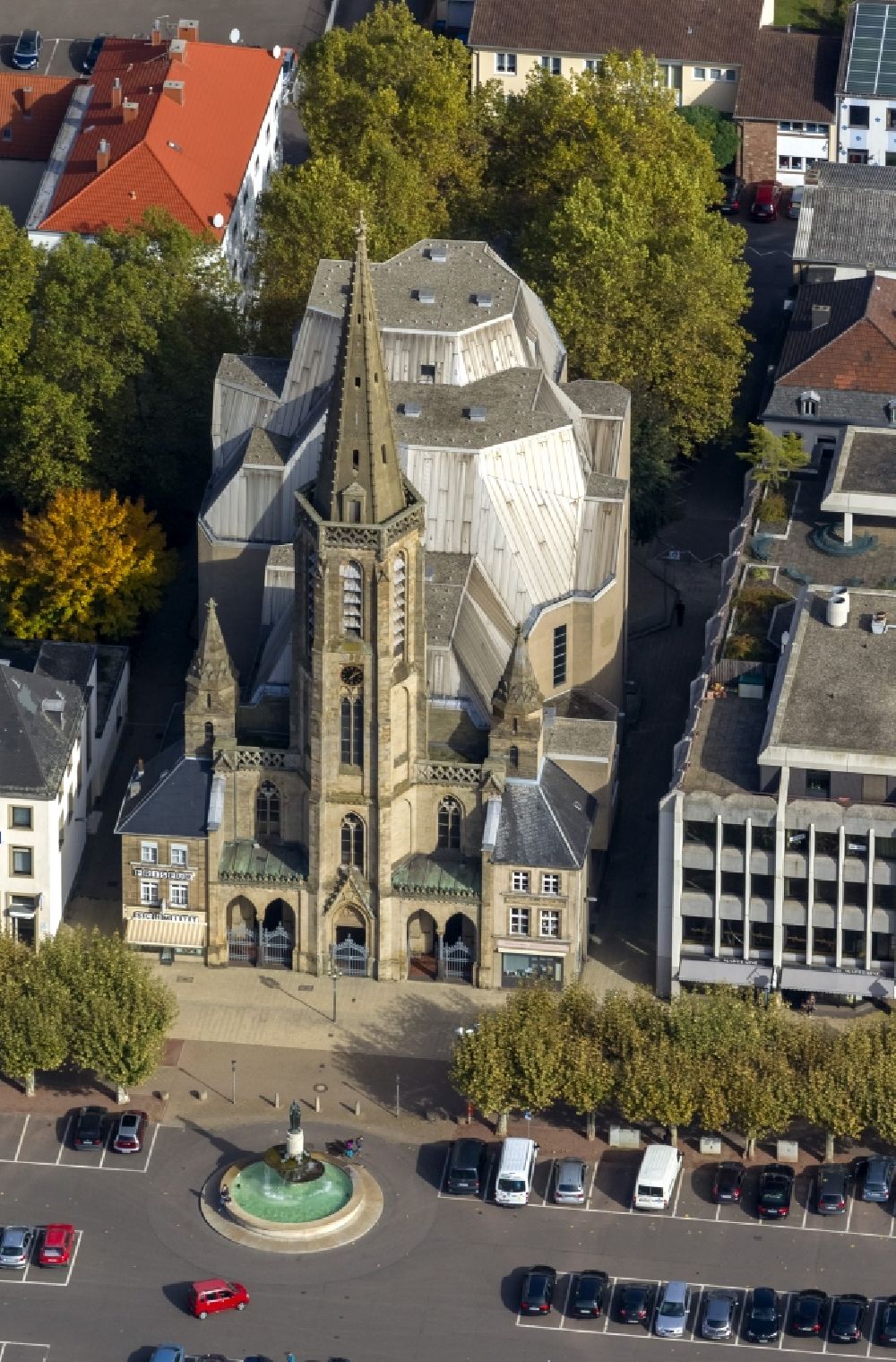 Saarlouis from above - Building of the Catholic Church at St. Louis Grand Market Place in the city center of Saarlouis in Saarland