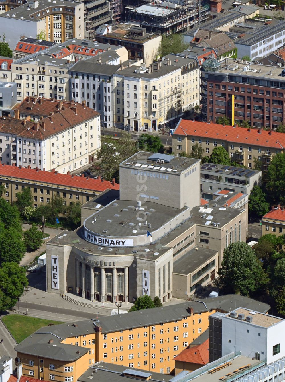 Aerial photograph Berlin - Building of the Volksbuehne concert hall and theater playhouse on Rosa-Luxemburg-Platz in Berlin